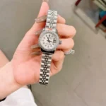 Rolex Date Just  Women  White Face  Diamonds  Silver Meta Strap  Quartz Movement Size 28mm