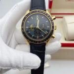 Men's Moonphase Watch Style Chronograph: Gold Dial Stopwatch, Steel Case, Leather Strap - Timekeeping Precision