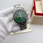 Mens Strap Watches: Silver Green Dial Chronograph Timepiece with Stainless Steel Band - Battery Powered Professional Dive Wristwatch for Everyday Wear