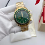 Mens Strap Watches: Gold Green Dial Chronograph Timepiece with Stainless Steel Band - Battery Powered Professional Dive Wristwatch for Everyday Wear