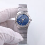 Omega Constellation Ladies in Steel with Diamond Bezel On Steel Bracelet with Blue Stars Dial 123.15.27.20.03.001