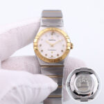 Omega Mother of Pearl 18K Yellow Gold Stainless Steel Diamonds Constellation 123.20.27.60.55.002 Women's Wristwatch 27 mm