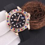Rolex Yacht Master Rainbow V9 - rose gold case - rubber strap - black dial - Rainbow bezel